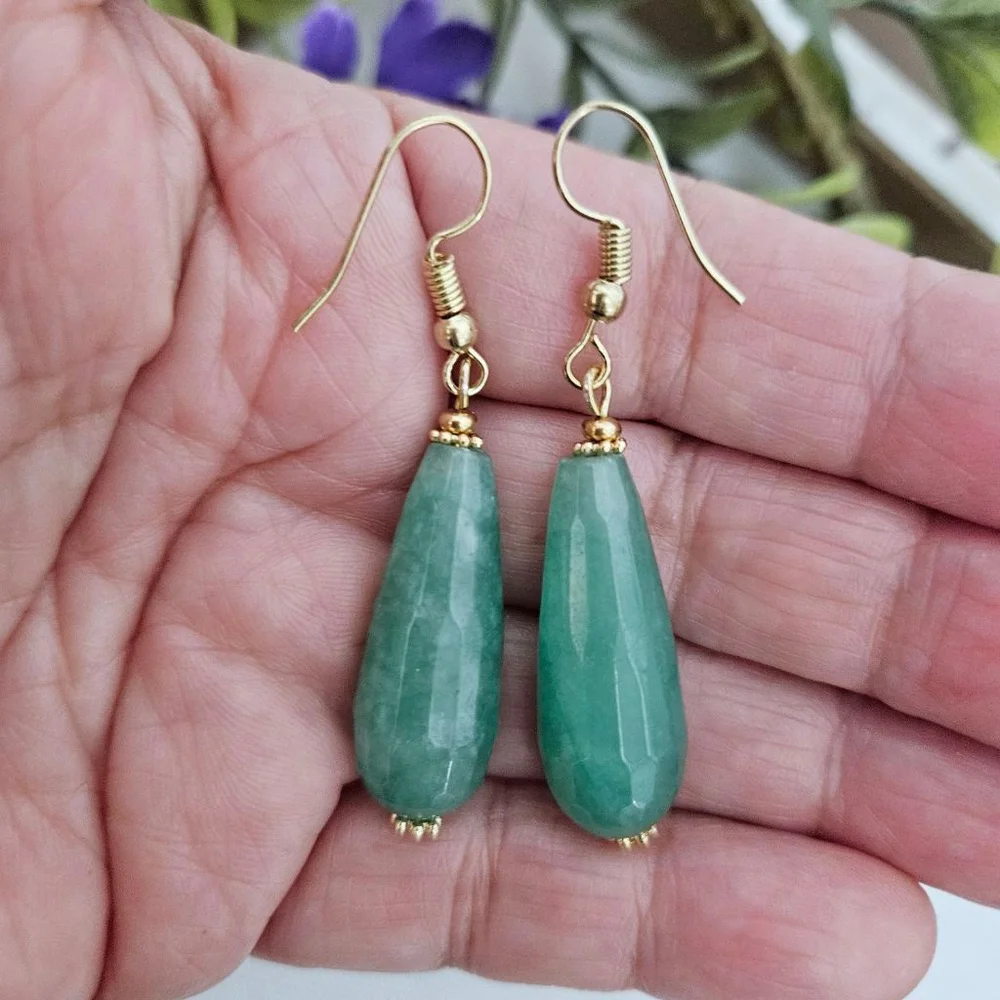 Green Aventurine Teardrop Dangle Earrings - Picture 3 of 3